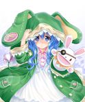  :d animal_ears animal_hood blue_eyes blue_hair blush bow bunny bunny_ears button_eyes coat date_a_live eyepatch gradient gradient_background hand_puppet hood long_hair looking_at_viewer okitakung open_mouth puppet simple_background smile snowflakes solo stuffed_animal stuffed_bunny stuffed_toy yoshino_(date_a_live) yoshinon 