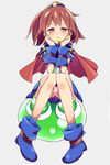  arle_nadja armor armored_dress bare_legs blob blue_skirt brown_hair capelet chin_rest frown full_body madou_monogatari panties pantyshot pantyshot_(sitting) ponytail purple_eyes puyo_(puyopuyo) puyopuyo shoes short_hair sitting skirt solo unacchi_(nyusankin) underwear white_background wrist_cuffs 