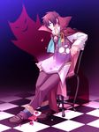  book cape chain chair checkered checkered_floor clock full_body ghost glasses klug_(puyopuyo) mikapoe pants puyopuyo puyopuyo_fever red_cape red_eyes red_hair shoes sitting smile strange_klug 