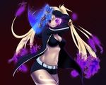  assassin black_bikini black_rock_shooter blonde_hair crossover perfect_world purple_eyes purple_flames tideborn twintails zerojigoku 