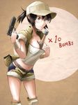  belt between_breasts blush breasts brown_eyes brown_hair cleavage commentary crop_top english explosive fanny_pack fio_germi frown glasses grenade gun handgun hat jacket knee_pads lotus_west medium_breasts messy_hair metal_slug midriff open_clothes open_jacket ponytail shirt_pull short_shorts shorts snk solo standing stielhandgranate weapon 