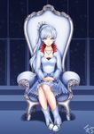  absurdres blue_eyes boots collarbone earrings hands_together highres jewelry light_smile long_hair long_legs looking_at_viewer necklace ponytail rwby scar silver_hair sitting smile snowflakes solo throne tsurime very_long_hair weiss_schnee zerg309 