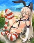  absurdres akasaai anchor anchor_hair_ornament animal_ears battleship beach black_panties blonde_hair blush bunny_ears closed_eyes clothed_masturbation day elbow_gloves flat_chest gloves hair_ornament highres kantai_collection long_hair masturbation military military_vehicle navel nipples ocean panties panty_lift shimakaze_(kantai_collection) ship sitting solo striped striped_legwear sweat thighhighs torn_clothes torn_panties underwear undressing very_long_hair warship watercraft 