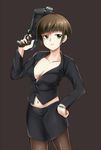  bangs blunt_bangs breasts brown_eyes brown_hair cleavage dark_background dominator_(gun) expressionless gun hand_on_hip highres large_breasts midriff navel no_bra pantyhose pencil_skirt psycho-pass q_q_958023 short_hair skirt solo tsunemori_akane weapon 