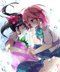  black_hair blue_bow blue_neckwear blue_skirt bow bowtie bubble closed_eyes from_side holding_hands interlocked_fingers liquid llaoi_h love_live! love_live!_school_idol_project multiple_girls nishikino_maki otonokizaka_school_uniform pink_hair plaid plaid_skirt profile school_uniform short_hair short_sleeves simple_background skirt water water_drop white_background yazawa_nico 