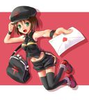  bag between_breasts black_legwear blush breasts brown_hair copyright_request full_body green_eyes hat katahira_masashi letter looking_at_viewer love_letter medium_breasts midriff navel personification short_hair shorts sleeveless smile solo strap_cleavage thighhighs 