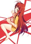  ahoge arata barefoot breast_conscious breast_padding full_body hataraku_maou-sama! highres long_hair red_hair simple_background solo yellow_eyes yusa_emi 