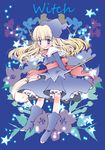  blonde_hair blue_background blue_eyes blue_footwear boots broom character_name dress floral_background full_body hat knee_boots long_hair madou_monogatari necktie okosama_lunch_(sendan) puyopuyo shawl smile solo witch_(puyopuyo) 