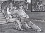  ambiguous_gender anthro building butt canine comic digitigrade duo emryswolf eyes_closed fur grass grey_fur grey_shirt greyscale grimace hindpaw human jaime_sidor jeans leaning leaning_forward male mammal monochrome moon night panting paws pencil_(art) size_difference stuck traditional_media were werewolf window wolf 