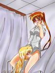  blonde_hair blush brown_hair cunnilingus fate_testarossa highres kurokawa_rikuu long_hair lyrical_nanoha mahou_shoujo_lyrical_nanoha mahou_shoujo_lyrical_nanoha_strikers multiple_girls no_panties open_mouth oral red_eyes takamachi_nanoha yuri 