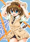  blue_eyes blush brown_hair caramelldansen character_name hair_ornament hood hoodie lyrical_nanoha magic_circle mahou_shoujo_lyrical_nanoha_innocent necktie open_mouth san-pon short_hair short_sleeves shorts solo sweater_vest x_hair_ornament yagami_hayate 