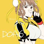  1girl araya_hajime artist_name bangs braid breasts brown_eyes brown_hair commentary_request dead_or_alive dead_or_alive_6 double_bun fingerless_gloves gloves lei_fang looking_at_viewer medium_breasts short_sleeves simple_background solo twin_braids upper_body yellow yellow_background 