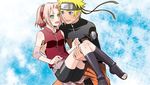  1girl :d bike_shorts black_legwear black_shorts blonde_hair blue_eyes boots carrying couple eye_contact facial_mark green_eyes haruno_sakura headband jacket knee_boots looking_at_another nanji3 naruto naruto_(series) open_mouth orange_pants pink_hair princess_carry red_jacket short_shorts shorts sleeveless_jacket smile spiked_hair uzumaki_naruto zipper 