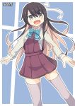  1girl :d artist_logo black_hair blue_background blue_neckwear bow bowtie dress eyebrows_visible_through_hair fang grey_legwear hair_ribbon highres jacket kantai_collection long_hair long_sleeves multicolored_hair naganami_(kantai_collection) open_mouth pepatiku pink_hair remodel_(kantai_collection) ribbon shirt sleeveless sleeveless_dress smile solo thighhighs two-tone_hair wavy_hair white_jacket white_ribbon white_shirt yellow_eyes 