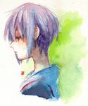  a-ka kita_high_school_uniform nagato_yuki profile purple_hair school_uniform serafuku short_hair simple_background solo suzumiya_haruhi_no_yuuutsu traditional_media watercolor_(medium) 