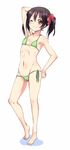  &gt;:) ;) arm_behind_head arm_up armpits bad_id bad_pixiv_id barefoot bikini black_hair blush flat_chest full_body green_bikini groin kurou_(quadruple_zero) long_hair love_live! love_live!_school_idol_project micro_bikini navel one_eye_closed pose red_eyes ribbon ribs side-tie_bikini skinny smile solo stomach string_bikini swimsuit twintails v-shaped_eyebrows yazawa_nico 