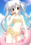  absurdres bikini corndog elni food highres innertube korie_riko long_hair polka_dot polka_dot_bikini polka_dot_swimsuit purple_eyes solo swimsuit tsuki_tsuki! twintails white_hair yellow_bikini 