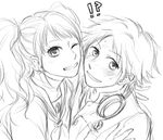  1boy 1girl aa_rin blush earrings gakuran greyscale grin hanamura_yousuke headphones headphones_around_neck hug jewelry kujikawa_rise long_hair monochrome one_eye_closed persona persona_4 school_uniform sketch smile sweat twintails 