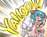  &gt;_&lt; animal_ears blue_hair closed_eyes dress emphasis_lines head_tilt kasodani_kyouko megaphone shinapuu short_hair shouting simple_background solo tail touhou white_background 