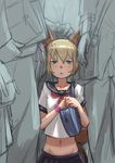  :&lt; ahoge animal_ears annoyed bad_id bad_pixiv_id bag blonde_hair blush centauroid closed_mouth dog_ears dog_tail erection erection_under_clothes flat_chest green_eyes height_difference lowleg_skirt midriff monster_girl navel nukomasu original school_bag school_uniform serafuku short_hair solo_focus tail train_interior v-shaped_eyebrows 