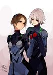  bodysuit brown_eyes brown_hair evangelion:_3.0_you_can_(not)_redo genderswap genderswap_(mtf) grey_hair holding_hands ikari_shinji multiple_girls nagisa_kaworu neon_genesis_evangelion plugsuit rebuild_of_evangelion red_eyes shar short_hair smile 