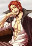  1boy abs chin_rest jacket_on_shoulders jurimo male male_focus one_piece open_clothes open_collar open_shirt red_hair scar shanks shirt sitting solo white_shirt 