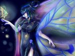  alternate_costume arm_up blue_background blue_hair breasts bug butterfly chinese_clothes dark_persona fingernails flower hagoromo hair_rings hydrangea insect kaku_seiga leaf light_particles monochro_kamen nail_polish open_hand shawl short_hair solo touhou 