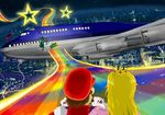  airplane blonde_hair boeing_747 car city crash from_behind hat luigi mario mario_(series) mario_kart mario_kart_double_dash! motor_vehicle night nintendo princess_peach rainbow super_mario_bros. vehicle yoshi 