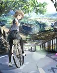  artist_name bicycle black_eyes blush building dated day doraragi flower ground_vehicle hair_flower hair_ornament highres light_brown_hair looking_at_viewer looking_back original outdoors pantyhose school_uniform serafuku short_hair signature skirt smile solo sunflower_hair_ornament tree v village 