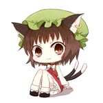  :3 animal_ears brown_eyes brown_hair cat_ears cat_tail chen chibi dress earrings hat honotai jewelry looking_at_viewer shadow short_hair simple_background sitting smile solo tail touhou white_background 