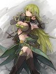  black_legwear breasts buckle dress elsword expressionless green_eyes green_hair grey_background large_breasts long_hair midriff nameco navel night_watcher_(elsword) rena_(elsword) skindentation solo thighhighs 