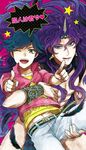  :q bad_id bad_pixiv_id blue_eyes blue_hair earrings feathers green_eyes jewelry jojo_no_kimyou_na_bouken jorge_joestar jouji_joestar kars_(jojo) long_hair male_focus multiple_boys one_eye_closed pointing purple_hair sewenan tongue tongue_out translation_request younger 