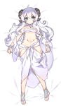  ahoge barefoot bed_sheet blue_eyes breasts closed_mouth commentary dragon_girl horns kuro_(kuronell) long_hair looking_at_viewer lying navel on_back original scales simple_background small_breasts solo tail wavy_hair white_background white_hair 