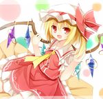  ascot blonde_hair bow fang flandre_scarlet hat hat_bow looking_at_viewer mob_cap open_mouth pink_eyes puffy_sleeves shirt short_sleeves side_ponytail sitting skirt skirt_set smile solo touhou vest wing_grab wings yuuhagi_(amaretto-no-natsu) 