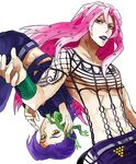  androgynous bad_id bad_pixiv_id colorful diavolo fabulous freckles frog jojo_no_kimyou_na_bouken lipstick long_hair looking_at_viewer makeup male_focus midriff multiple_boys parted_lips pink_hair purple_hair purple_lipstick reaching_out sewenan simple_background sweater upside-down vinegar_doppio white_background yellow_eyes 
