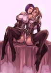  2girls blonde_hair blush boots breast_grab breasts brown_eyes erect_nipples grabbing high_heel_boots high_heels kachima large_breasts lipstick makeup multiple_girls one_eye_closed open_mouth ponytail purple_eyes purple_hair short_hair sitting thigh_boots thighhighs wink yuri 