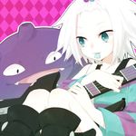  :d aqua_eyes bad_id bad_pixiv_id bare_shoulders bass_guitar black_legwear boots checkered checkered_background combat_boots diamond_(shape) dress eye_contact fangs flat_chest gen_1_pokemon gym_leader hair_bobbles hair_ornament homika_(pokemon) honotai instrument knee_boots koffing long_sleeves looking_at_another mouth_hold off_shoulder open_mouth pink_background plectrum pokemon pokemon_(creature) pokemon_(game) pokemon_bw2 short_dress short_hair sitting smile spiked_hair striped striped_dress topknot white_hair wide_sleeves 