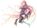  aqua_eyes blush boots hand_on_own_face headphones long_hair maro_(nikeneko523) megurine_luka midriff navel open_mouth pink_hair skirt skirt_hold smile solo thighhighs very_long_hair vocaloid 