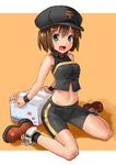  :d bare_shoulders bike_shorts blush box brown_hair copyright_request full_body green_eyes katahira_masashi looking_at_viewer midriff navel open_mouth personification shirt sitting sleeveless sleeveless_shirt smile solo wariza 