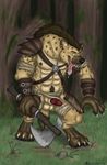  abs ace_stryker animal_genitalia anthro armor axe balls bandage biceps black_nipples black_nose body_markings brown_fur brown_hair canine canine_penis chest claws clothing crouching drooling ear_piercing facial_hair fangs fantasy forest fur gnoll hair half-erect harness hyena leather loincloth looking_at_viewer male mammal mane markings medieval muscles nipples open_mouth pecs penis piercing presenting red_penis saliva sheath solo spots standing tan_fur teeth toe_claws tongue tongue_out tree vein warrior weapon yellow_eyes 