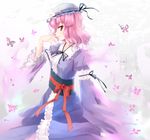  bug butterfly frills hat hat_ribbon highres insect japanese_clothes pink_eyes pink_hair ribbon saigyouji_yuyuko shuizao_(little_child) solo touhou triangular_headpiece wide_sleeves 