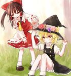  ascot bad_id bad_pixiv_id blonde_hair blush bow brown_hair flower hair_bow hair_tubes hakurei_reimu hat hat_flower honotai kirisame_marisa multiple_girls red_eyes sitting smile touhou witch_hat yellow_eyes 