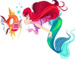  ariel_(disney) blue_eyes bubble crossover fish full_body gen_1_pokemon kuitsuku lips long_hair looking_at_another magikarp mermaid monster_girl open_mouth pointing pokemon pokemon_(creature) red_hair shell shell_bikini the_little_mermaid transparent_background 