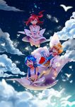  2boys akatsuki_hiro aladdin_(magi) ali_baba_saluja bad_id bad_pixiv_id bird blonde_hair blue_hair cloud highres magi_the_labyrinth_of_magic magic_carpet morgiana multiple_boys night ponytail red_eyes red_hair skirt_hold sky smile star teeth yellow_eyes 