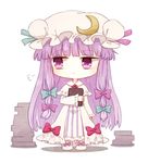  blush book bow chibi crescent hat honotai long_hair patchouli_knowledge purple_eyes purple_hair solo touhou white_background 