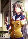  aomaru_kazumi blue_eyes clannad hair_brush highres hikarizaka_private_high_school_uniform long_hair sakagami_tomoyo school_uniform silver_hair solo watch 