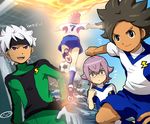  3boys ball blush earth_eleven from_behind glasses gloves goalkeeper headband ibuki_munemasa inazuma_eleven_(series) inazuma_eleven_go inazuma_eleven_go_galaxy lightning_bolt manabe_jin'ichirou matatagi_hayato mizuhara_aki multiple_boys nozaki_sakura open_mouth soccer_ball soccer_uniform sportswear sweat telstar 