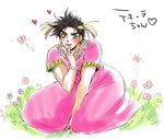  black_hair blush bug butterfly crossdressing dress flower gamako green_eyes hair_ornament heart insect jojo_no_kimyou_na_bouken joseph_joestar_(young) male_focus solo translated 