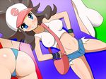  1girl ass blue_eyes blush breasts brown_hair halubato hands_on_hips harubato pokemon pokemon_(game) pokemon_bw short_shorts shorts smile solo thong touko_(pokemon) 