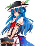  alphes_(style) blue_hair colored_eyelashes food fruit hat hinanawi_tenshi long_hair parody peach red_eyes shuizao_(little_child) solo style_parody touhou 